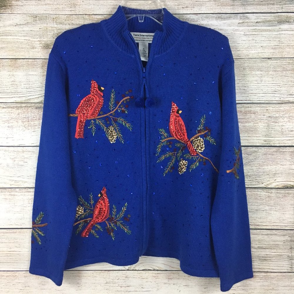Tiara International Holiday Cardigan Sweater Cardinals Pinecones Blue Zip Front